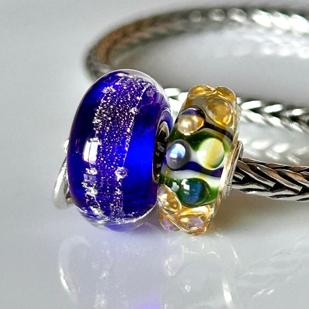 TROLLBEADS Milky Way & Textured Blue & Green w Golden Buds Unique LAA 925 NEW